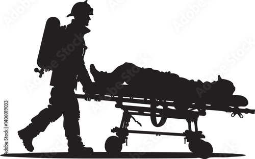 Silhouette of a paramedic transporting a patient on a stretcher in an emergency setting