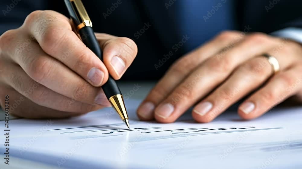 Man signing document, office, close-up, blurred background Man signing document, office, close-up, blurred background