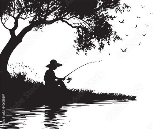 A serene silhouette of a fisherman casting a line into calm waters surrounded by nature.