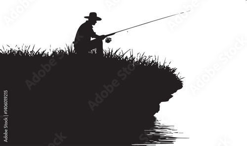 Silhouette of a fisherman casting a line into the water at sunset.