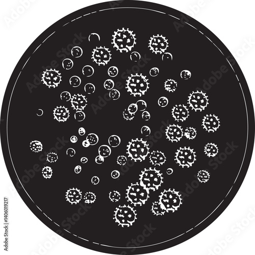 Illustration of various microorganisms in a petri dish showcasing bacterial growth and scientific study.