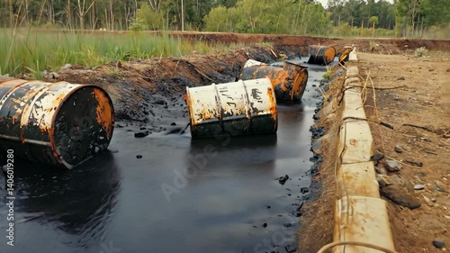 Oil barrels in polluted waterway shows environmental impact of industry, a toxic industrial spill damages a rural wetland.