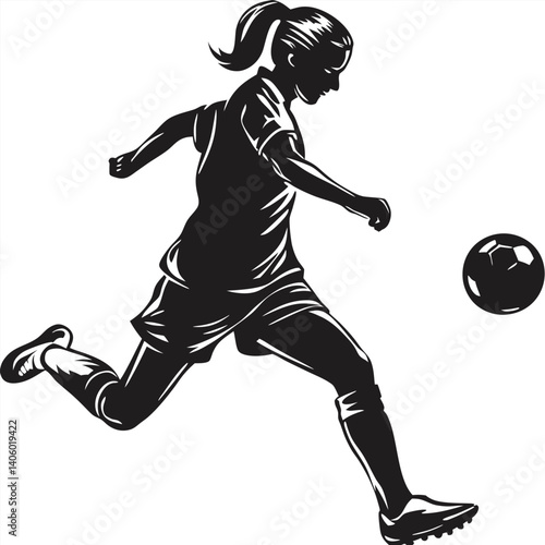female soccer player passing the ball in motion silhouette vector illustration