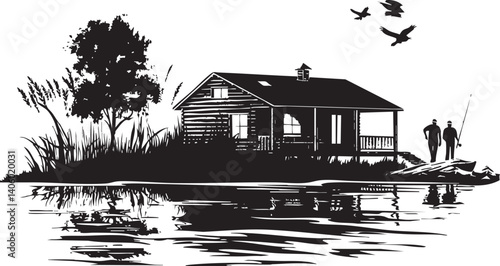 A silhouette of a cabin by a lake with two fishermen and birds in the sky.