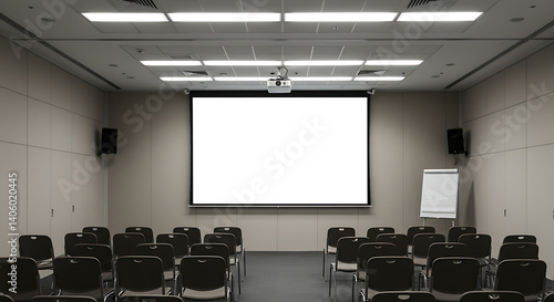 Empty conference room with a projector screen, projector, and seating, ready for a presentation or meeting in a professional setting.