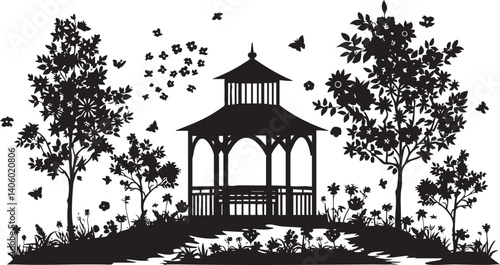 A decorative silhouette of a gazebo surrounded by trees and birds in a tranquil setting.