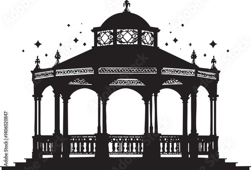 A beautiful silhouette of an ornate gazebo surrounded by stars, perfect for outdoor events.