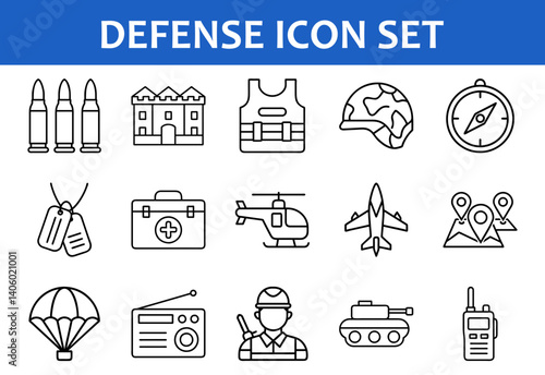 Modern Defense and Military Icon Set, Line-style icon collection illustrating modern defense elements such as weapons, soldiers, vehicles, and tactical equipment.
