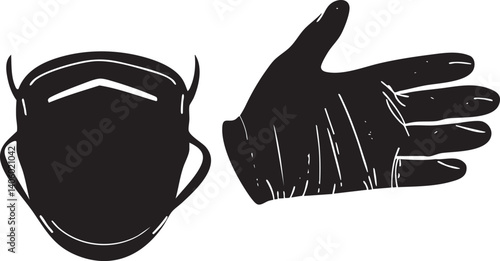 Illustration of a face mask and a gloved hand symbolizing health and safety measures.
