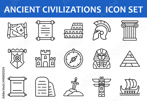 Ancient Civilizations Line Icon Collection, Set of linear style icons representing ancient civilizations, including symbols from Egypt, Greece, Rome, and medieval Europe.
