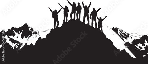 Silhouette of a group of hikers celebrating at the summit of a mountain.