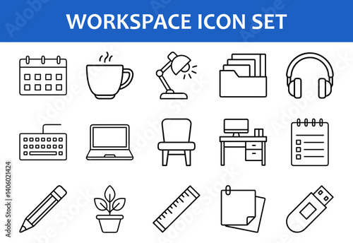 Minimalist Workspace Icon Set for Office Themes, Clean line icons representing common office and workspace elements like desks, laptops, stationery, and productivity tools.
