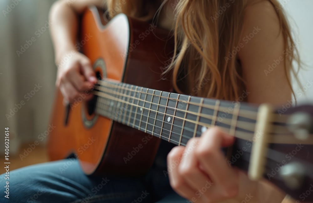Fototapeta premium Young woman plays acoustic guitar creating music. Female musician girl with blond hair composes song, plucking strings. Musical instrument close up, fingers on fretboard. Hobby, music, artistic,