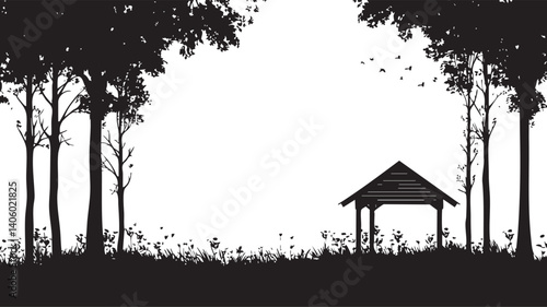 A serene silhouette of trees and a gazebo in a tranquil outdoor setting.