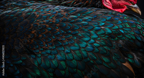 Iridescent Rooster Plumage Close-Up Displaying Vibrant Color And Texture