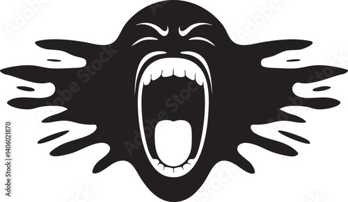 A bold graphic illustration of a screaming face conveying strong emotion in black and white.