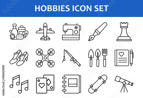 Outline Icon Set Representing Various Hobbies, A collection of minimalist line icons illustrating different hobbies and activities like music, gardening, travel, and crafting.