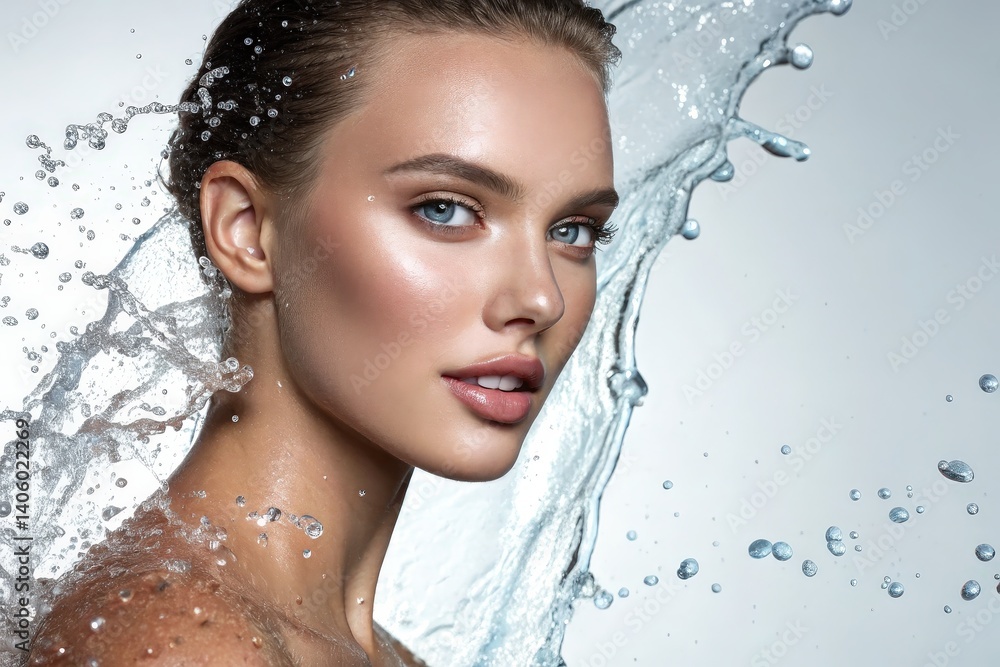 A close-up portrait of a woman with stunning features, surrounded by splashing water, highlighting her glowing skin and captivating blue eyes. A close-up portrait of a woman with stunning features, surrounded by splashing water, highlighting her glowing skin and captivating blue eyes.