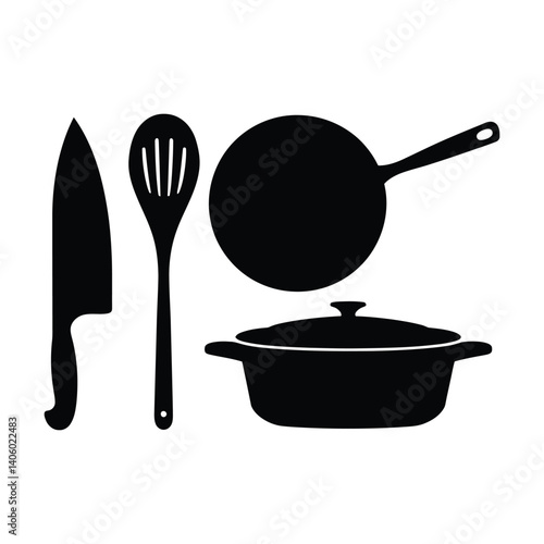 Cooking Tool Icons Including Knife, Spoon, Pot, and Frying Pan

