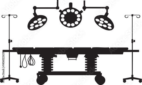 Illustration of a surgical operating room setup with equipment and medical tools