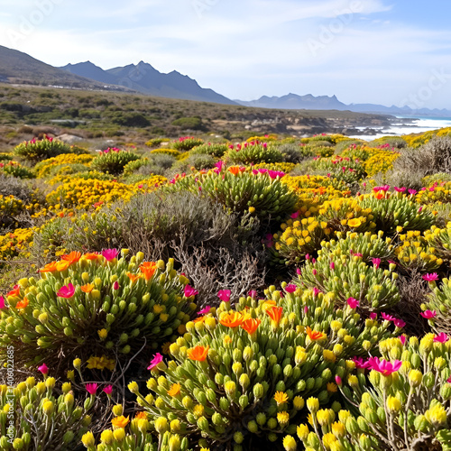 Typical coastal fynbos vegetation in the Cape Agulhas region. L'Agulhas in the Overberg, Western Cape, South Africa.