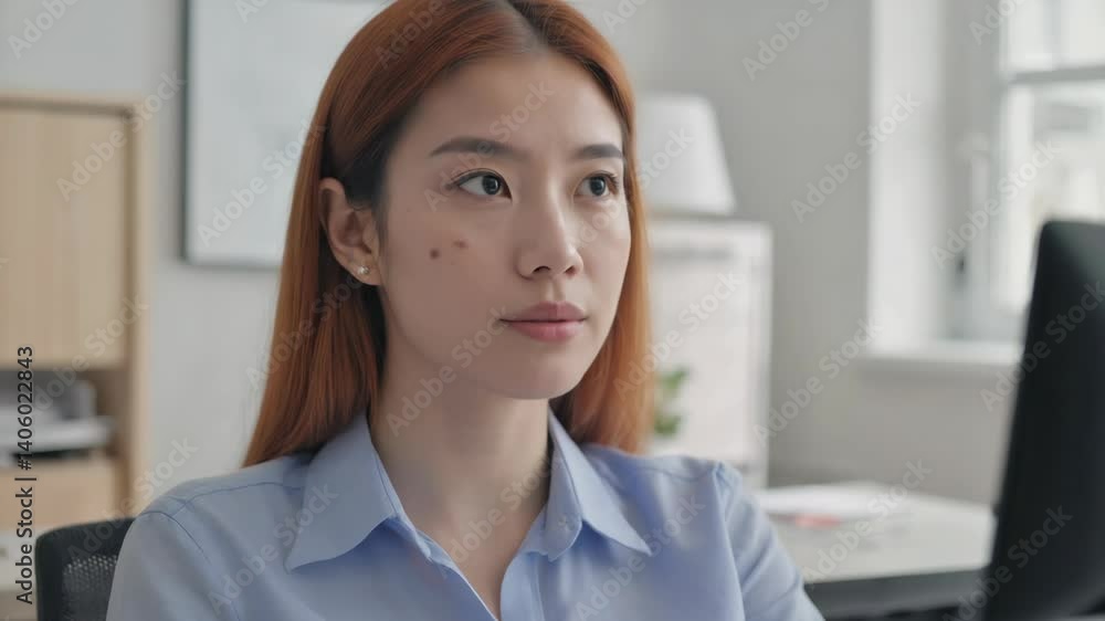 Young Asian Woman at Computer, Focused and Thoughtful, in Bright Modern Office Young Asian Woman at Computer, Focused and Thoughtful, in Bright Modern Office