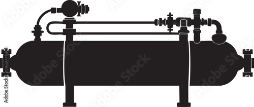 Silhouette illustration of an industrial tank with piping and valves for mechanical applications.