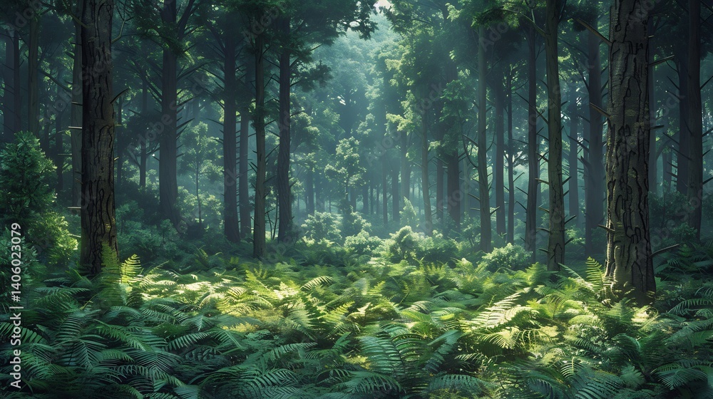 Obraz premium Dense temperate forest layered foliage diffuse light creating natural gradients among massive trunks and ferns a rich detailed organic scene