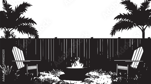 A serene silhouette of a backyard fire pit surrounded by palm trees and chairs.
