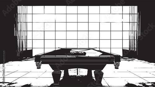 A minimalist black and white illustration of a pool table in a spacious game room.