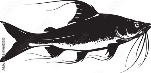 A detailed black and white illustration of a catfish swimming gracefully in water.