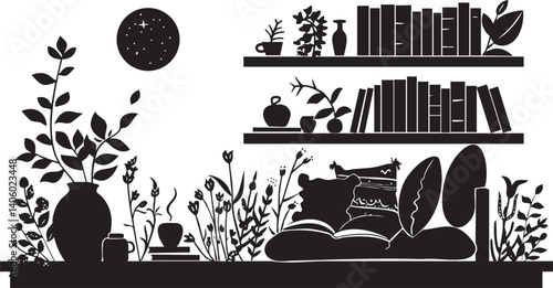 A cozy interior scene featuring a bookshelf, plants, and a reading nook in silhouette style.