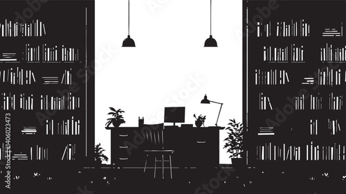 A minimalist black and white illustration of a stylish office workspace with bookshelves and plants.