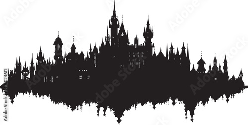 A detailed silhouette of a fantasy castle skyline featuring gothic and medieval architecture.