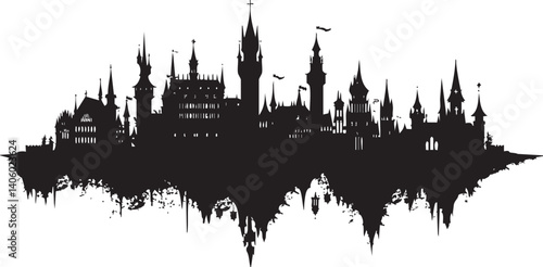 A captivating silhouette of a fantasy castle skyline featuring intricate towers and spires.