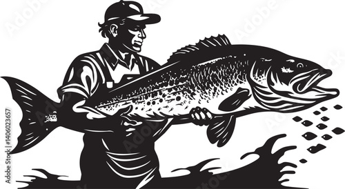 A silhouette of a fisherman proudly holding a large fish, showcasing outdoor sportsmanship.