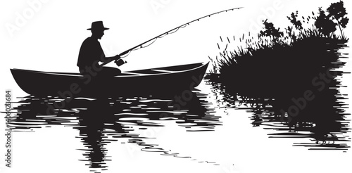 A silhouette of a fisherman in a boat casting a line into calm waters surrounded by nature.