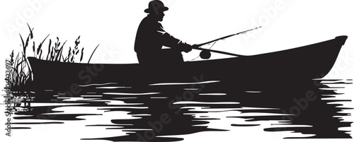 Silhouette of a fisherman in a boat casting a line on calm water.