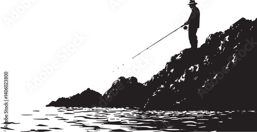 A silhouette of a fisherman casting a line into tranquil waters during sunset.