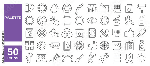 Set of 50 line icons related to palette, paint, color, swatch, chart, choice, template, brush, bucket, catalogue, Editable stroke. Vector illustration