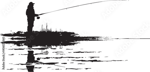 A silhouette of a fisherman casting a line into calm waters with reflections.