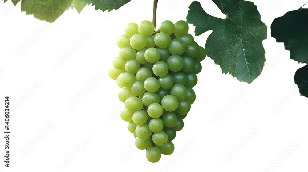 Fototapeta premium Fresh Green Grapes with Vibrant Leaves Isolated on Black Background for Culinary and Botanical