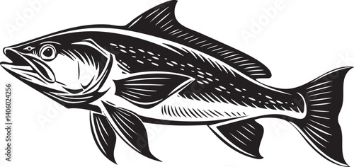 Stylized black and white illustration of a fish swimming in a natural aquatic environment