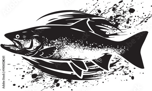 Stylized black and white illustration of a fish with dynamic splashes and abstract elements.