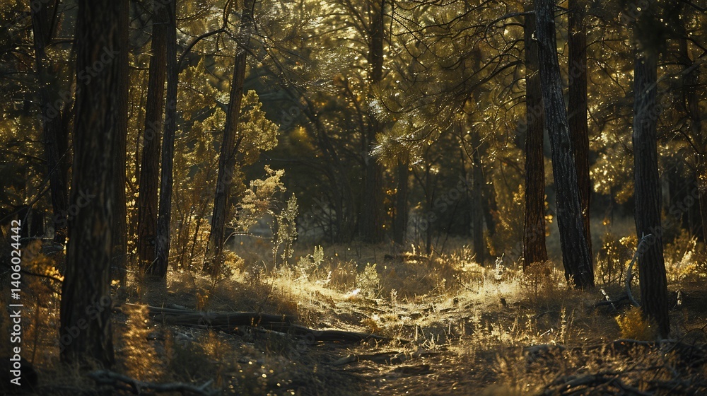 Fototapeta premium Dense cedar forest deep shadows and sunlit clearings showing rugged bark textures and layered undergrowth in a peaceful timeless natural backdrop