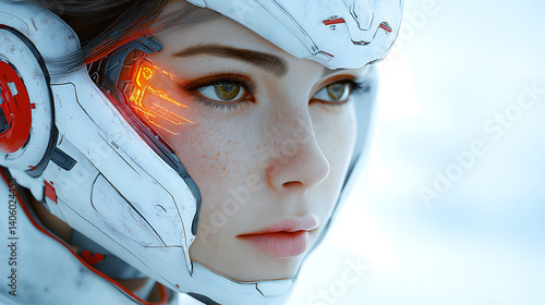 futuristic woman wearing high tech helmet with glowing orange elements gazes intently, showcasing advanced technology and innovation. helmet sleek design suggests blend of human and AI