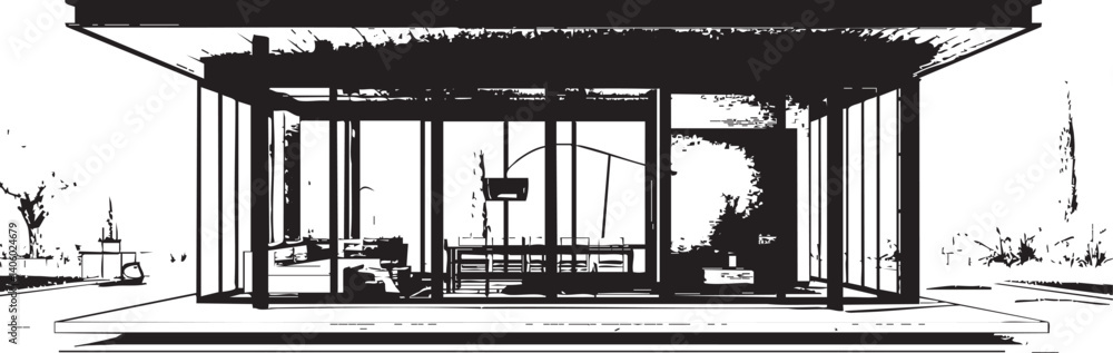 Naklejka premium A minimalist architectural sketch of a modern house showcasing glass and open space design.