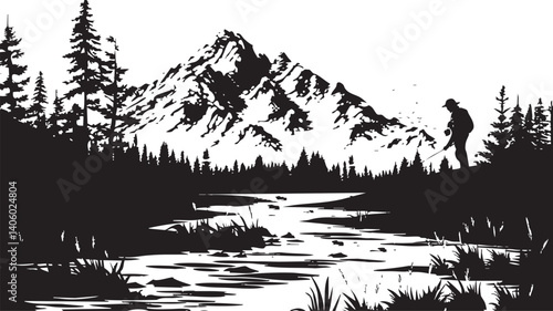A silhouette of a hiker walking along a river in a mountainous landscape with trees.