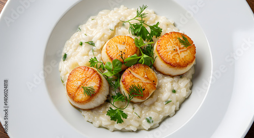 Delicious Seared Scallops Served Over Creamy Risotto With Fresh Herbs