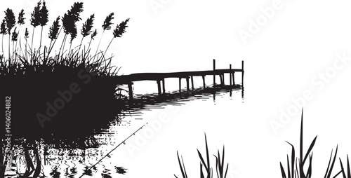 A serene silhouette of reeds and a dock reflecting on calm waters in black and white.